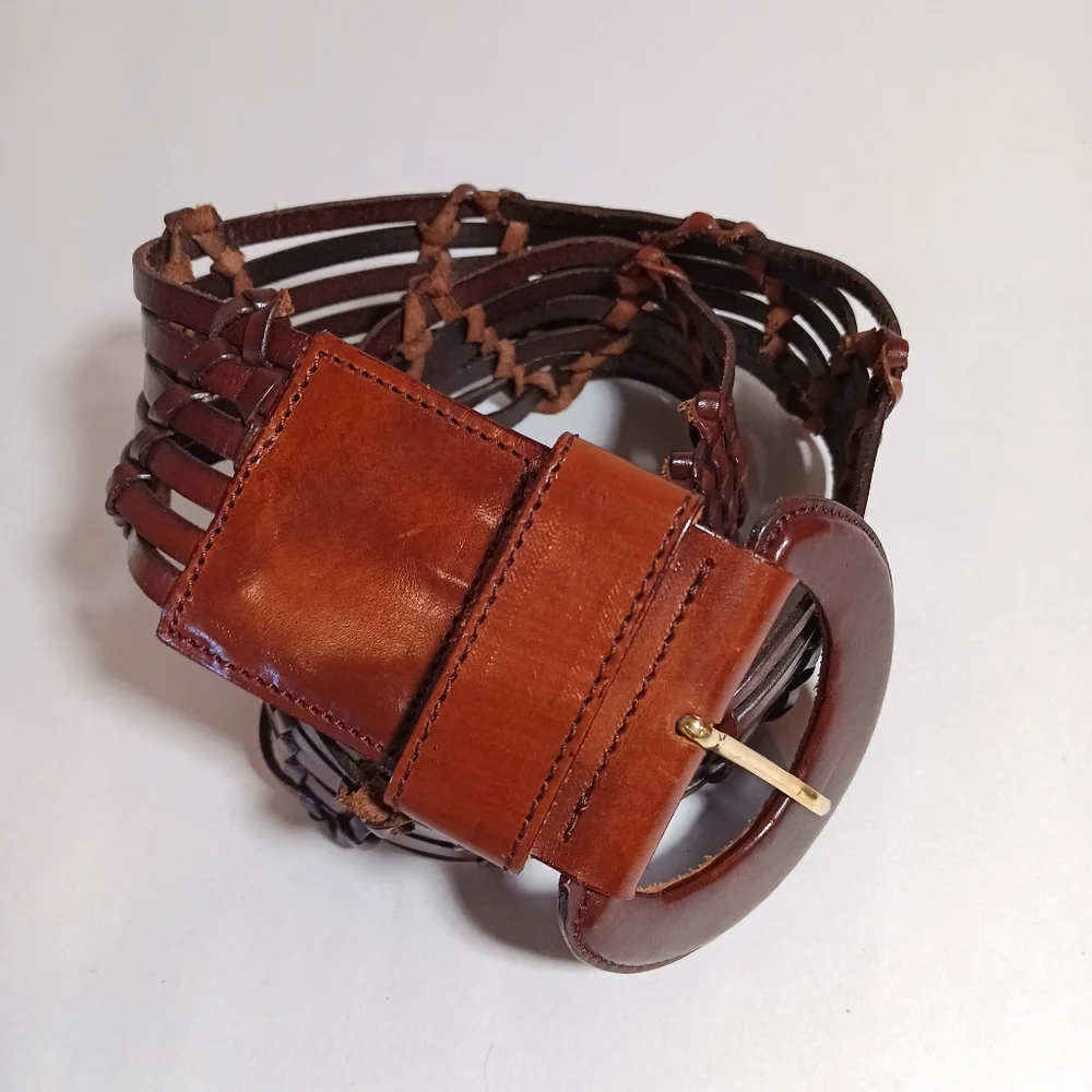 Pelletterie wide braided cognac leather belt made in italy vintage Size M